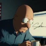 Scott Adams sits at desk with a dim glow from computer and a coffee cup while hands hide face near a blurred political image.