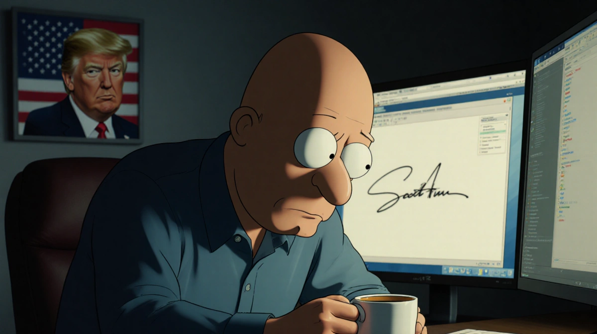 Scott Adams sits at desk with a dim glow from computer and a coffee cup while hands hide face near a blurred political image.
