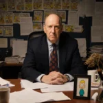 Scott Adams sits at cluttered desk with Dilbert comics and wilted flowers showing nostalgic office scene