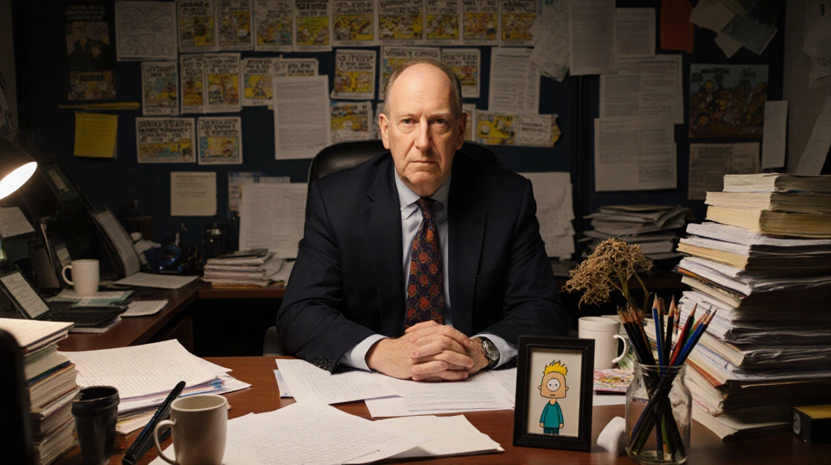 Scott Adams sits at cluttered desk with Dilbert comics and wilted flowers showing nostalgic office scene