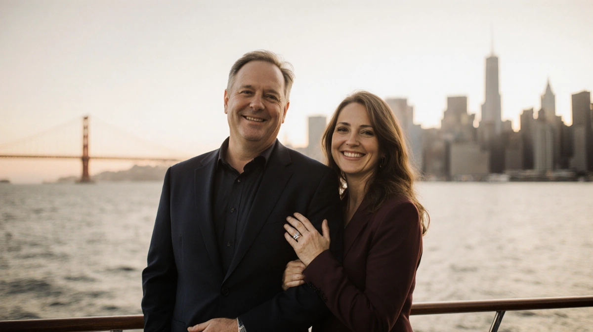 Scott Adams stands with ex-wife Shelly Miles on yacht with sunset skyline and wedding ring visible