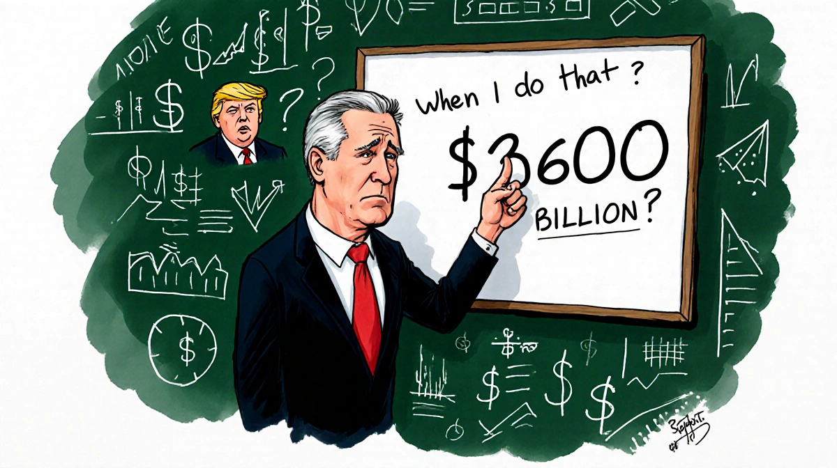 Treasury Secretary Scott Bessent points at $600 billion on financial whiteboard with Trump visible in background
