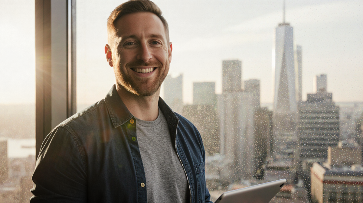 Scott Rogowsky standing in front of a blurred cityscape holding a tablet with a confident smile