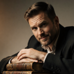 Scott Turner Schofield sits with hands on a worn leather-bound book with warm golden light illuminating his introspective fac