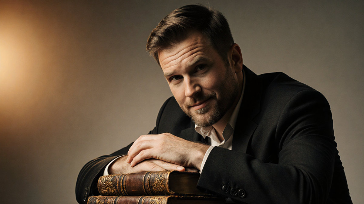 Scott Turner Schofield sits with hands on a worn leather-bound book with warm golden light illuminating his introspective fac