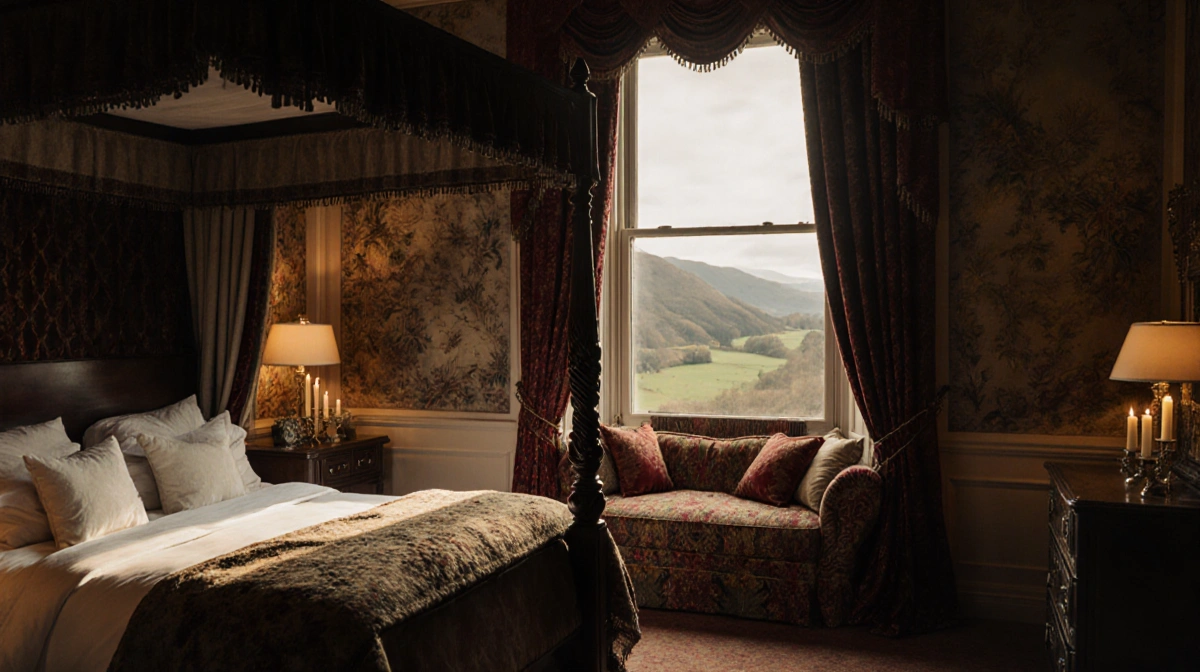 Lavish four-poster bed stands near window with velvet curtains and golden Highland views through castle bedroom