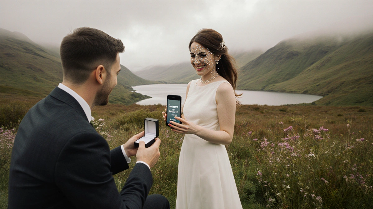 Jonathan Scott proposing to Zooey Deschanel with engagement ring box while she holds phone showing ring selfie in Scottish hi