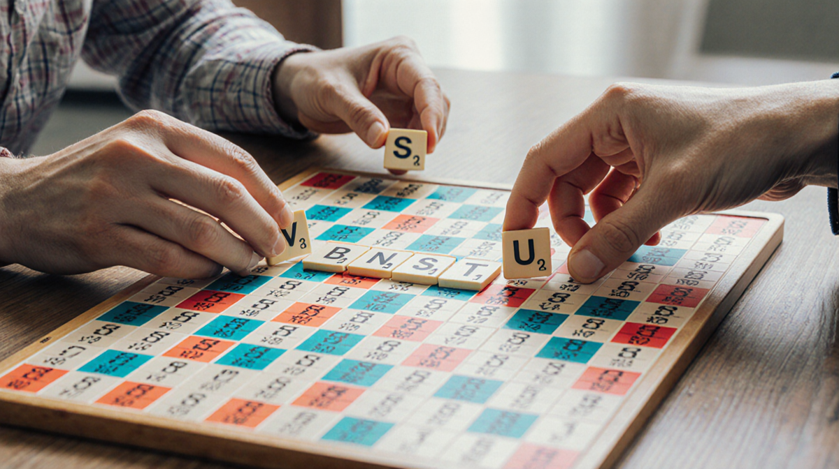 Player placing a letter tile on colorful Scrabble board with red bonus squares and a cozy game room backdrop.