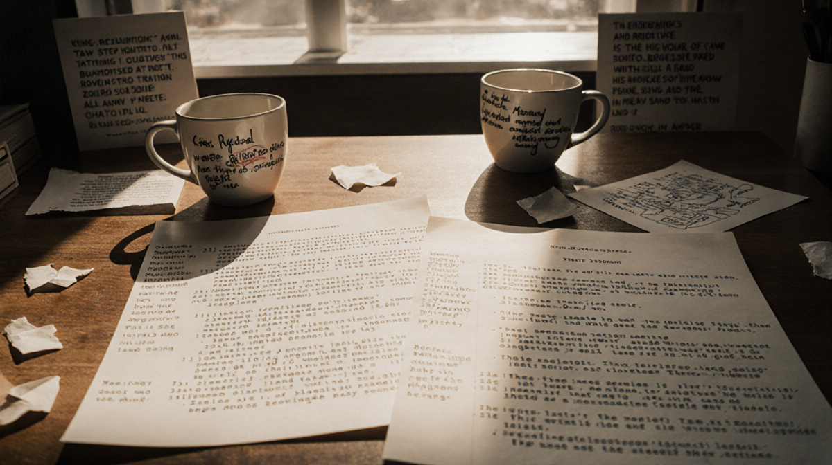 Screenplay pages spread on wooden desk with coffee cups and paper scraps, showing writer's annotations and writing process.