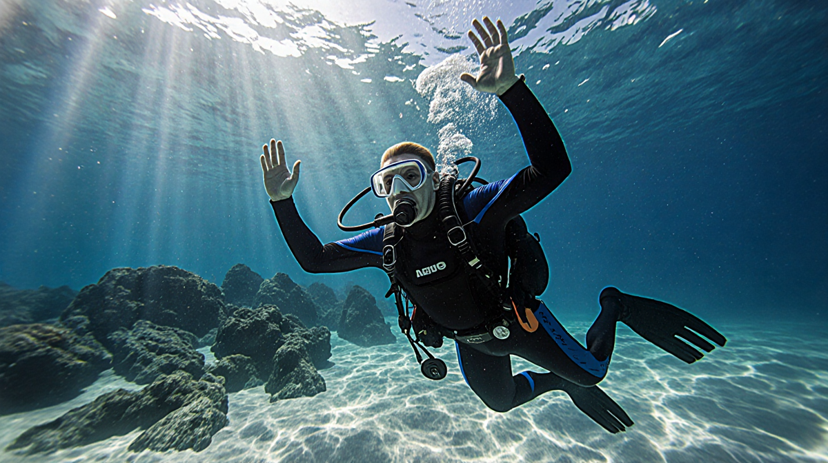 Scuba diver panicking underwater with arms raised and face contorted while waves lapping at feet near rocky shore