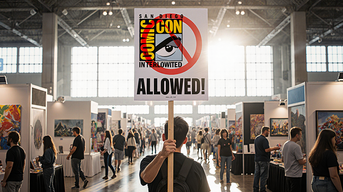 ComicCon attendee holding a No AI Art Allowed sign with a busy exhibit hall and warm natural light