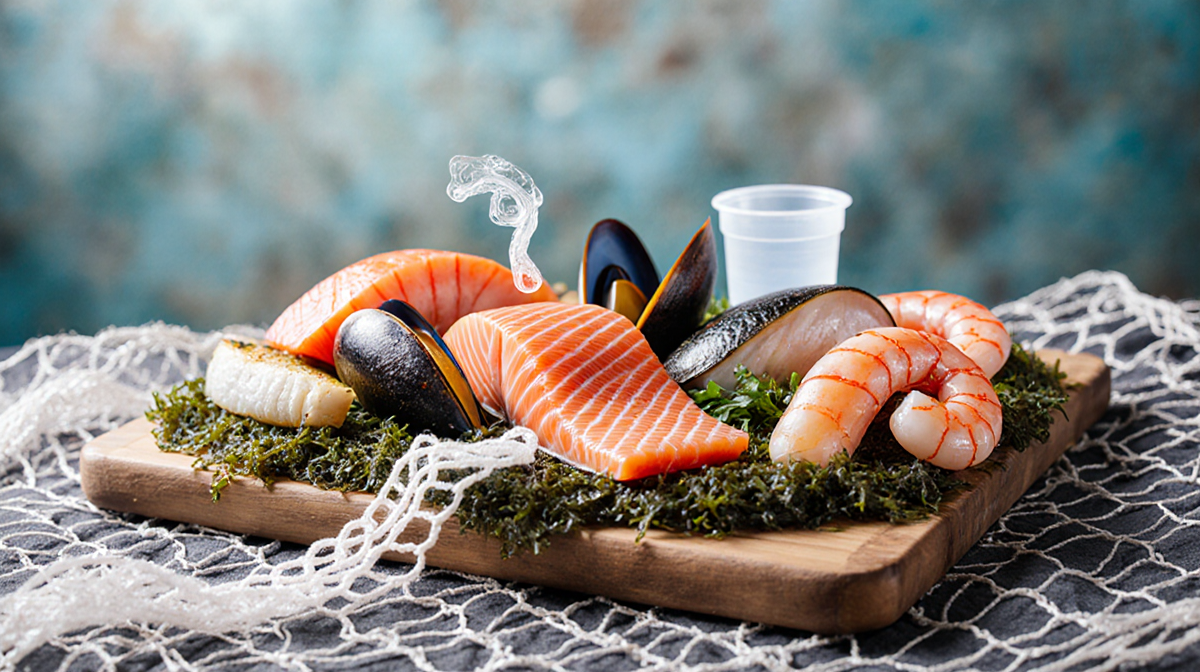 Seafood platter arranged on board with salmon shrimp and mussels and a microplastic fragment near the sea in ocean background