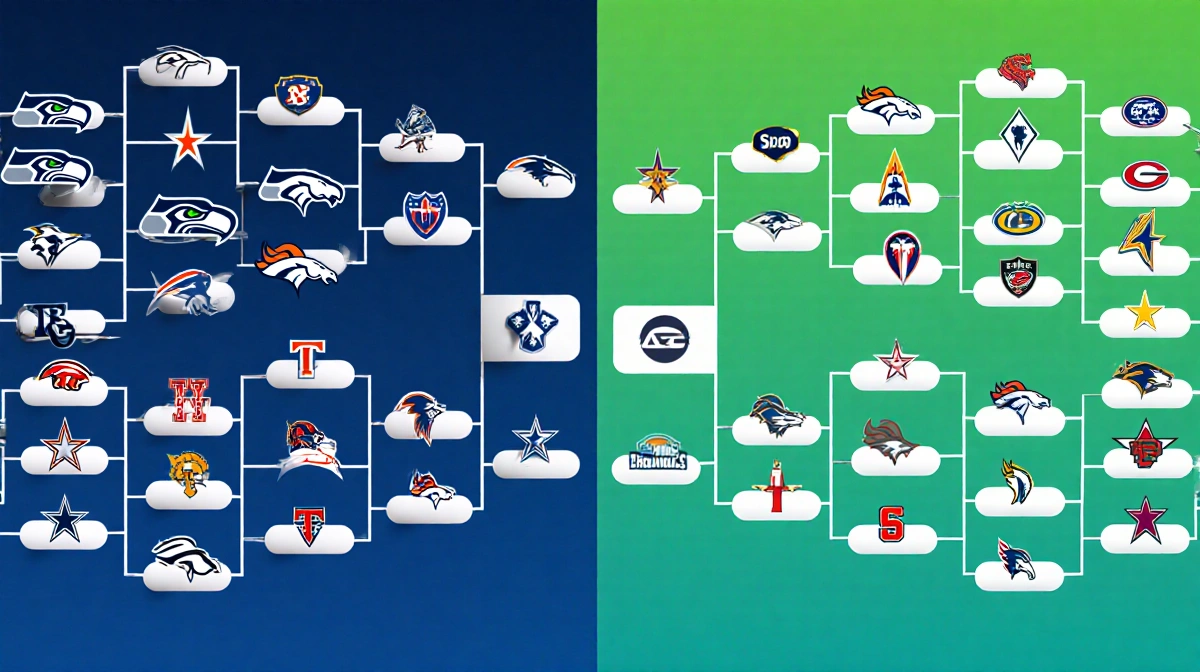 Football playoff bracket showing teams with Seattle Seahawks and Denver Broncos in top-left and AFC teams in bottom-right.