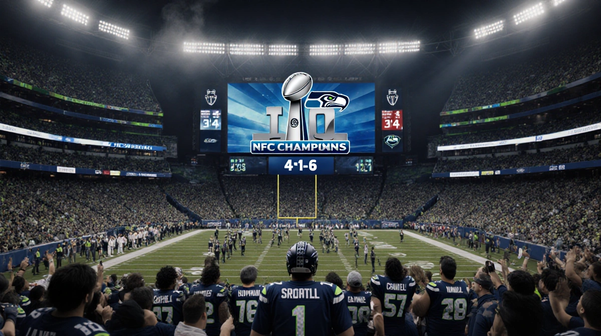 Seahawks fans celebrating in packed stadium with NFC Championship logo and 41-6 score showing team victory