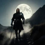 Sean Bean hiking mountain trail at night wearing Lord of the Rings armor with sword and moonlight casting shadows