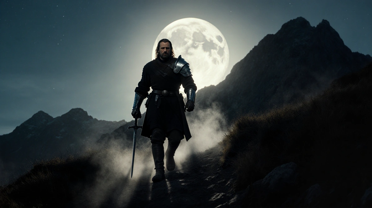 Sean Bean hiking mountain trail at night wearing Lord of the Rings armor with sword and moonlight casting shadows