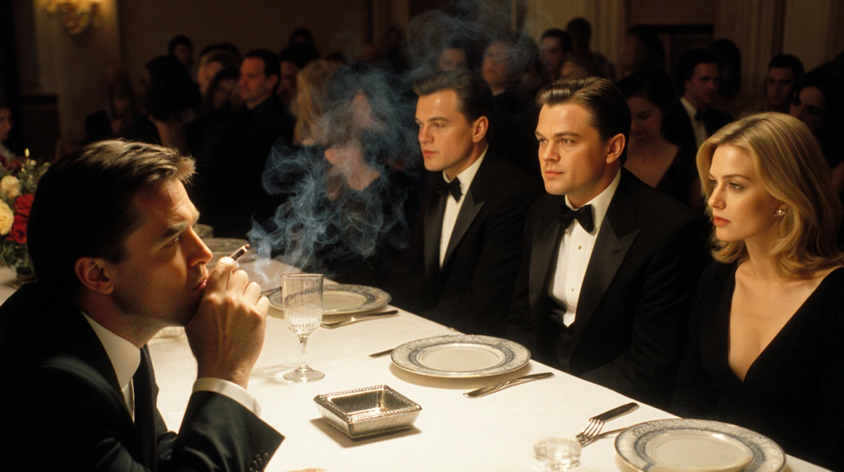 Sean Penn smoking at formal dinner table with Leonardo DiCaprio and Kate Hudson seated nearby