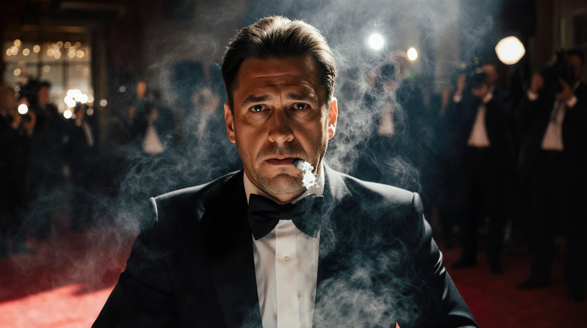 Sean Penn sits alone with cigarette smoke swirling around him and spotlight illuminating his defiant expression