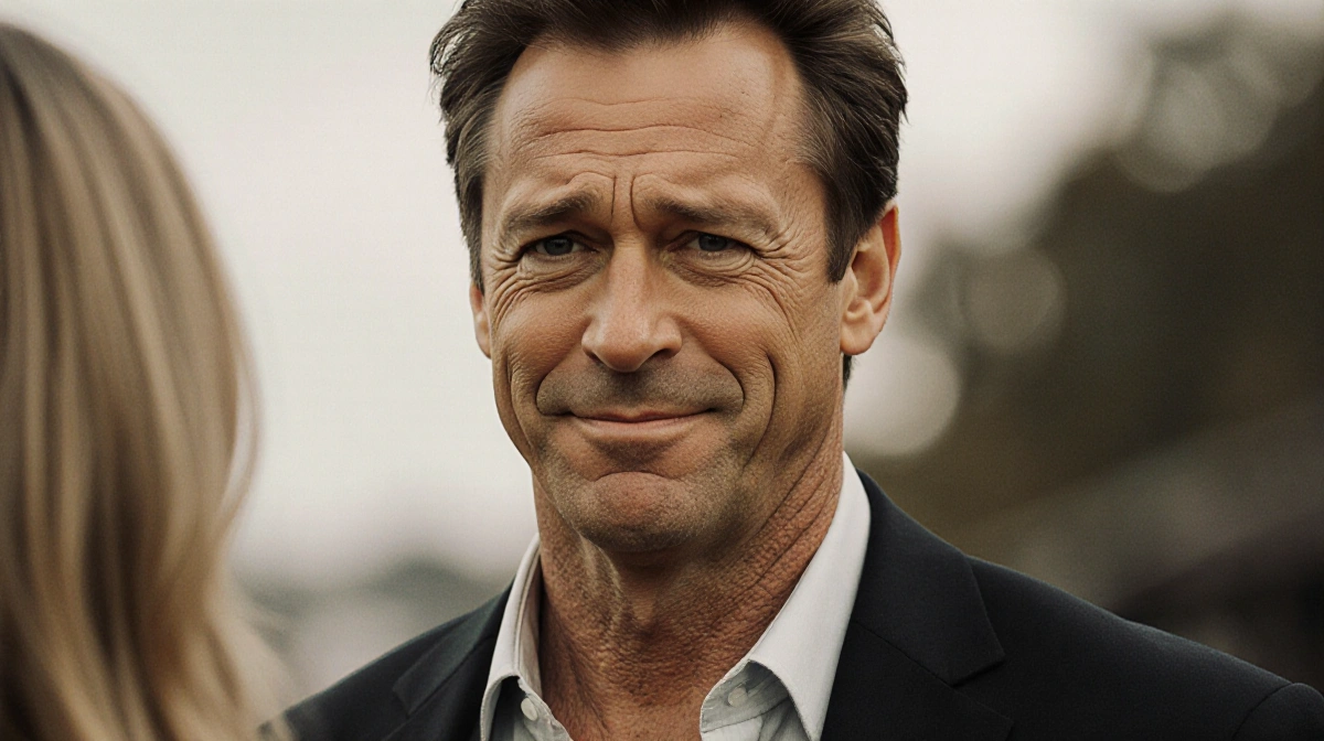 Sean Penn smirking with visible neck veins and tense eyelids against blurred earthy background