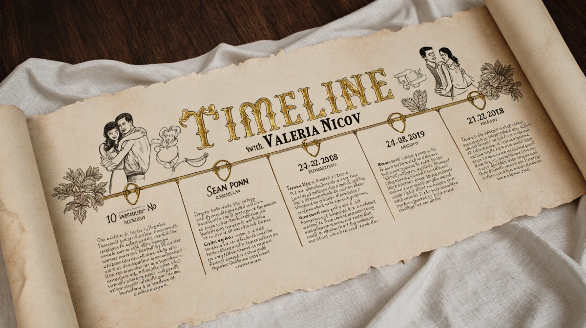 Vintage scroll shows Sean Penn and Valeria Nicov romance timeline with gold dates and romantic hearts