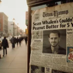 Vintage newsstand holds worn newspaper with Sean Whalen peanut butter commercial headline alongside Got Milk and Pepsi ads