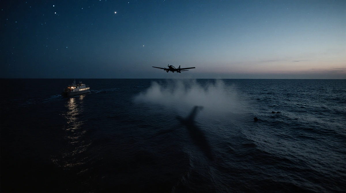 Search plane flies overhead casting shadow over waves with a lone boat lit at night and scattered debris on water