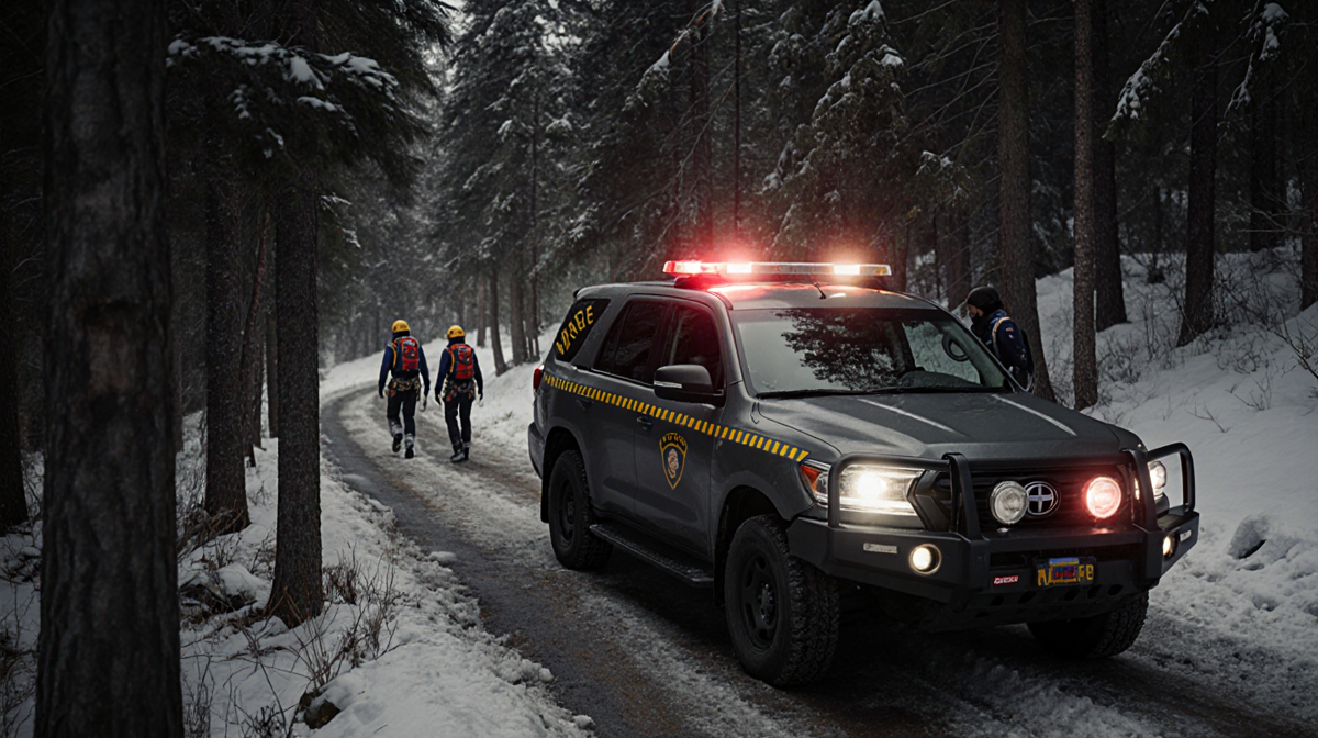 Park ranger vehicle navigating forest with search and rescue lights illuminating trees and distant climbers in gear.