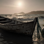 Weathered wooden boat partially submerged with misty coastline and sunlit waves casting long shadows