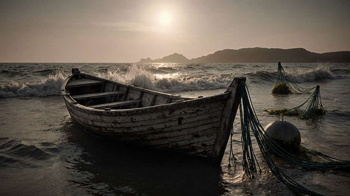 Weathered wooden boat partially submerged with misty coastline and sunlit waves casting long shadows