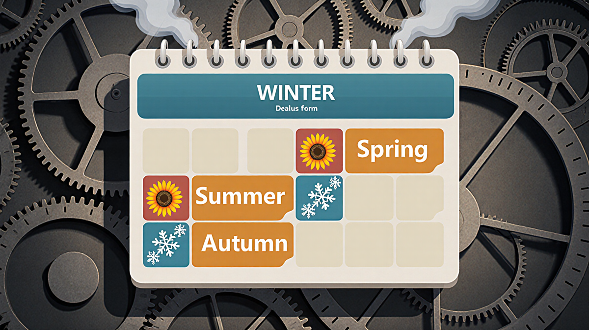 Illustrated calendar with winter snowflake spring sunflower summer sun autumn leaf sections and clock gears with faint steam