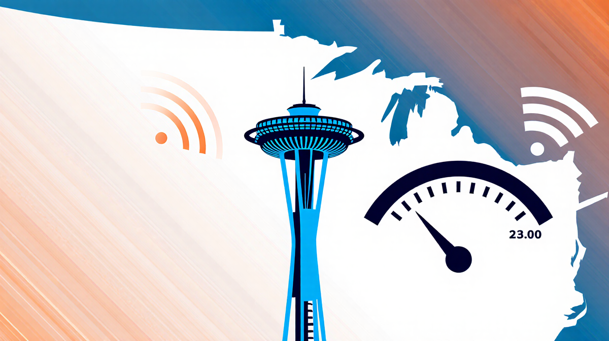 Speedometer needle hovering above Seattle map with Wi-Fi waves showing broadband speed below national median.