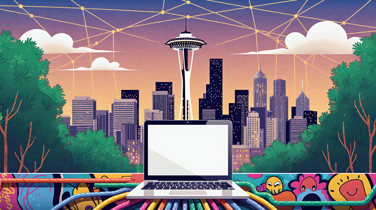 Laptop displays code with colorful cables and wires and the Space Needle in a dusk Seattle skyline