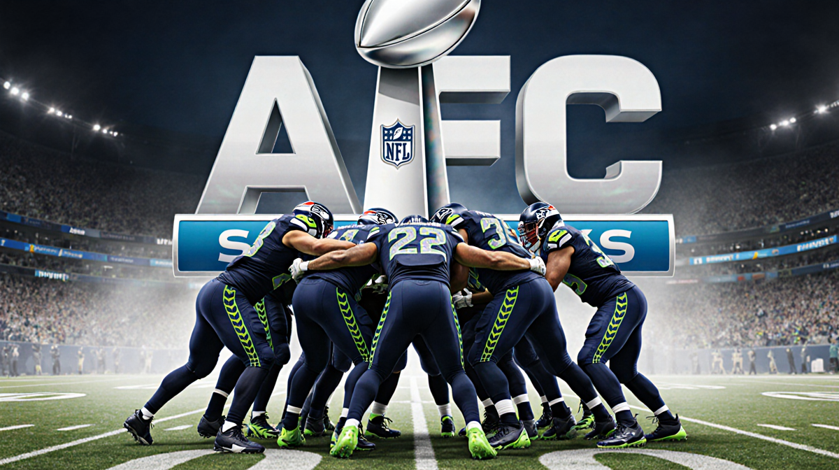 Seahawks players huddle victorious on football field with dynamic lighting and AFC logo hinting at Super Bowl