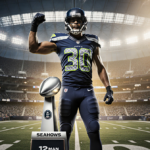 Seahawks player triumphs with clenched fist golden glow on helmet near 2013 trophy case