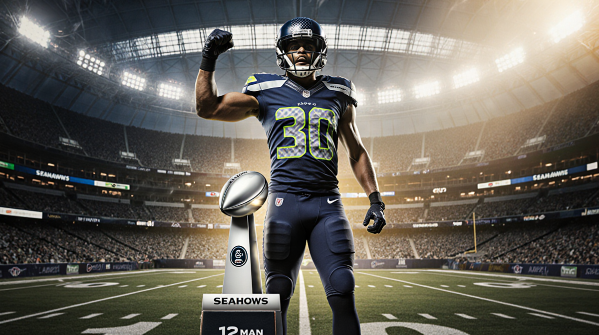 Seahawks player triumphs with clenched fist golden glow on helmet near 2013 trophy case
