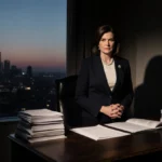 SEC Chair stands determined at desk with financial reports and Washington cityscape through window