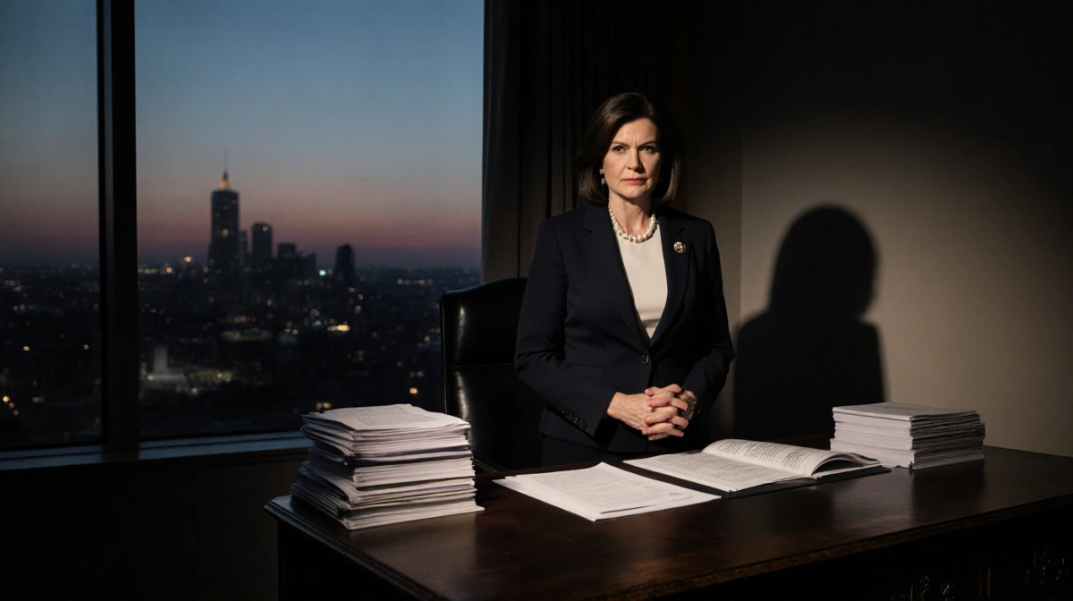SEC Chair stands determined at desk with financial reports and Washington cityscape through window