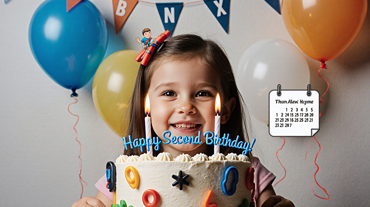 Birthday cake with two candles lit and a banner reading Happy Second Birthday! surrounded by balloons and rock climbing theme