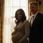 Second Lady Usha Vance holds baby bump expectant mother with Vice President JD Vance behind window
