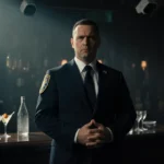 Secret Service agent standing near bar with regretful expression and surveillance equipment visible in dim Washington DC bar