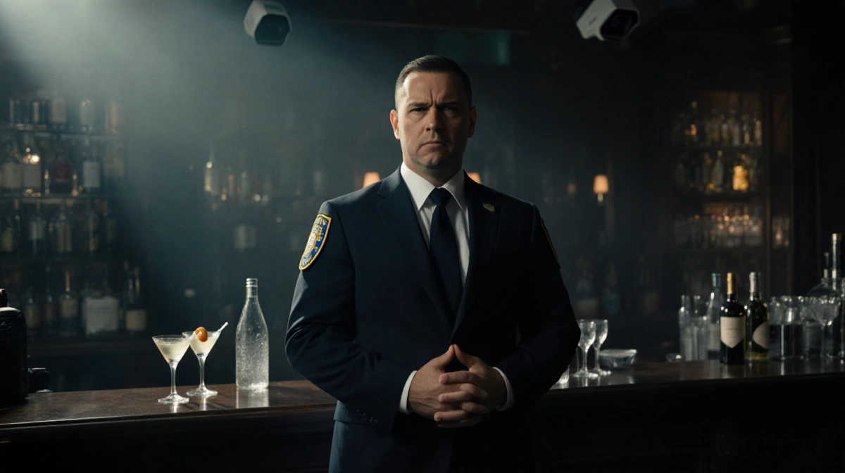 Secret Service agent standing near bar with regretful expression and surveillance equipment visible in dim Washington DC bar