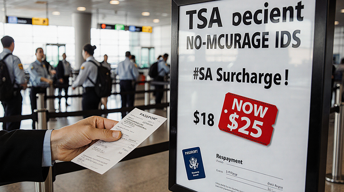 Traveler handing cash to TSA agent at security checkpoint with surcharge sign and overpayment sticker on receipt