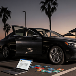 Black sedan parked with door open revealing laptop and credit cards on floor and smartphone text in dim beachside parking lot
