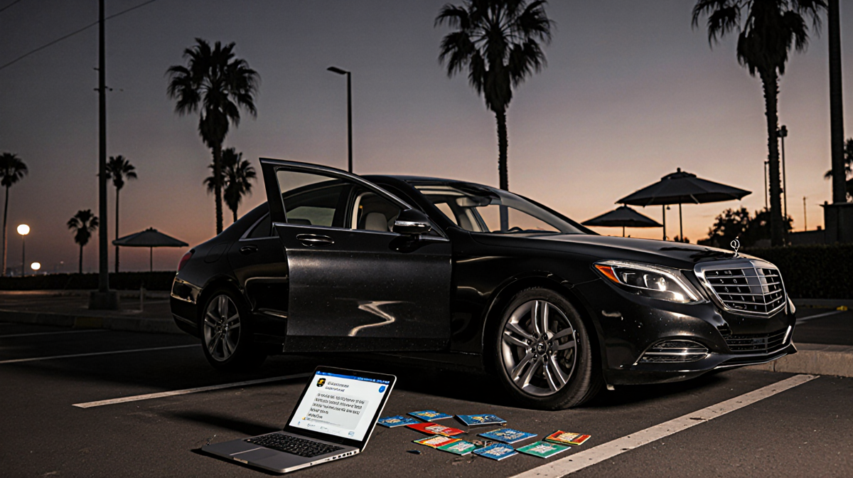 Black sedan parked with door open revealing laptop and credit cards on floor and smartphone text in dim beachside parking lot