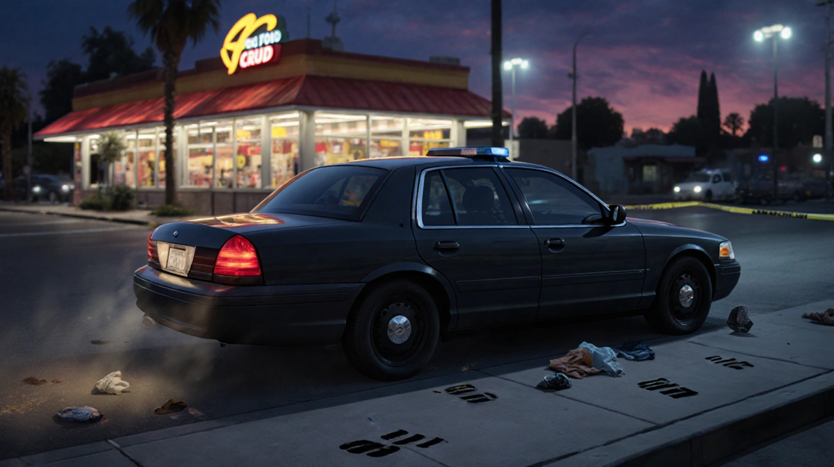 Dark sedan speeding away from crime scene near South LA fast food restaurant with glowing taillights and scattered belongings