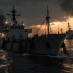Stricken tanker tilting in murky waters with US Navy warships looming behind and smoke rising at sunset