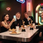 Selena Gomez taking selfie with Steve Martin showing Golden Globe award at neon-lit diner counter