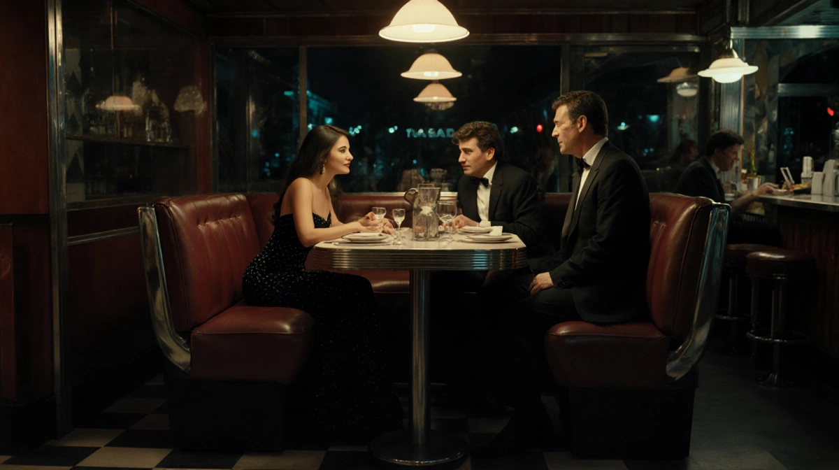 Selena Gomez and Benny Blanco sit at candlelit table with Steve Martin and Martin Short at retro diner counter