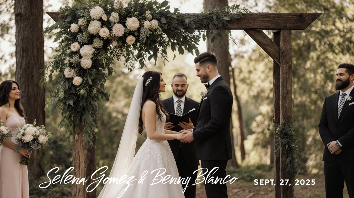 Selena Gomez and Benny Blanco exchanging vows beneath rustic wooden arch with lush greenery and soft natural light