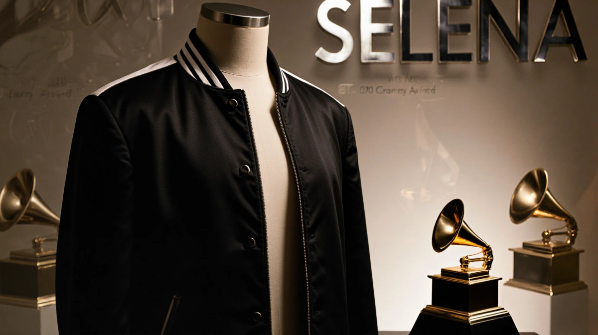Black-and-white jacket hangs on dress form with Grammy reflections and Selena name in silver letters above